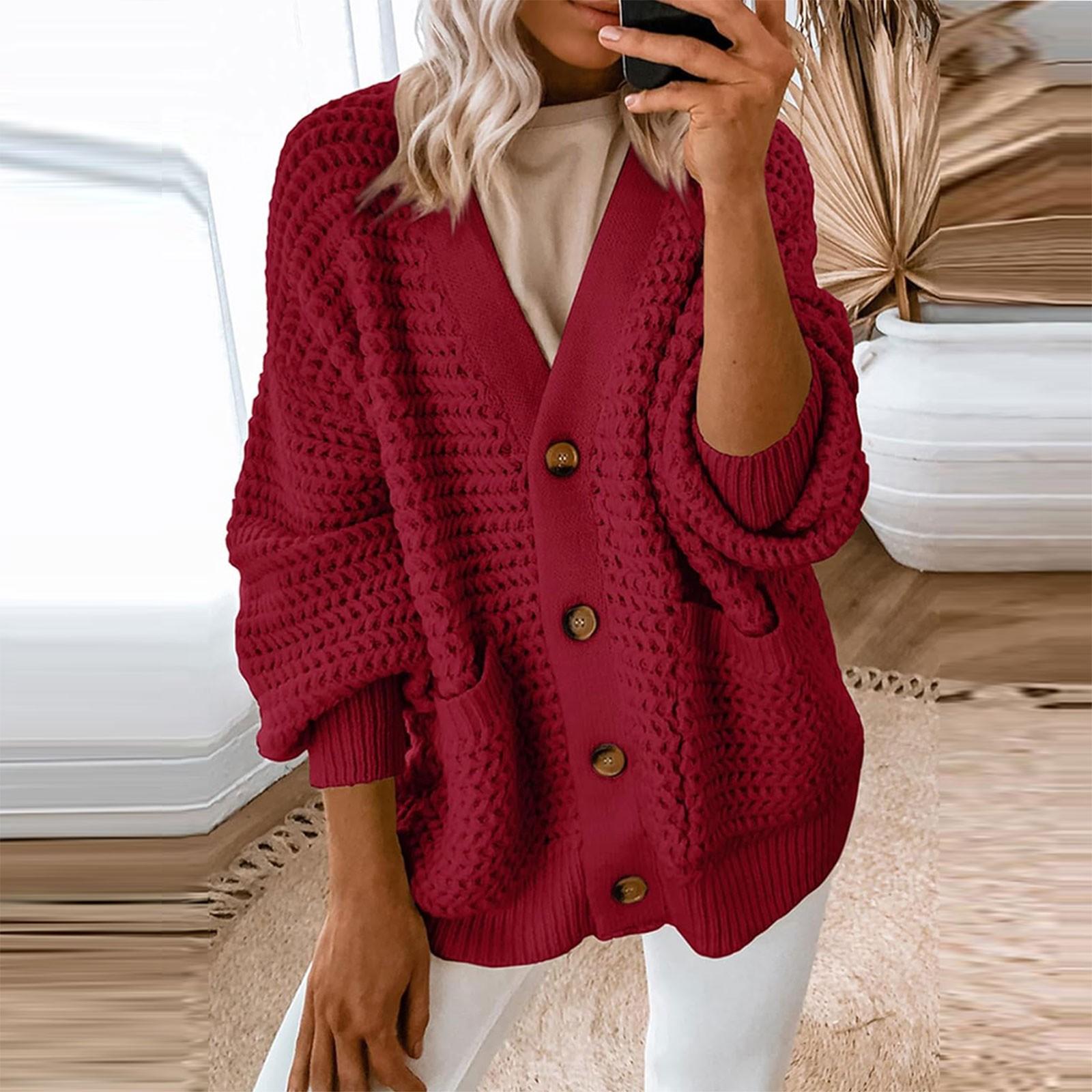 

Женская мода повседневная однотонная с длинным рукавом и открытым передом толстый вязаный кардиган свитер пальто M красный
