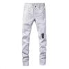 Jeans Bianchi da Uomo: Pantaloni dritti slim-fit alla moda stile high-street con effetto vernice schizzata, dettagli strappati, toppe ed elasticizzati
