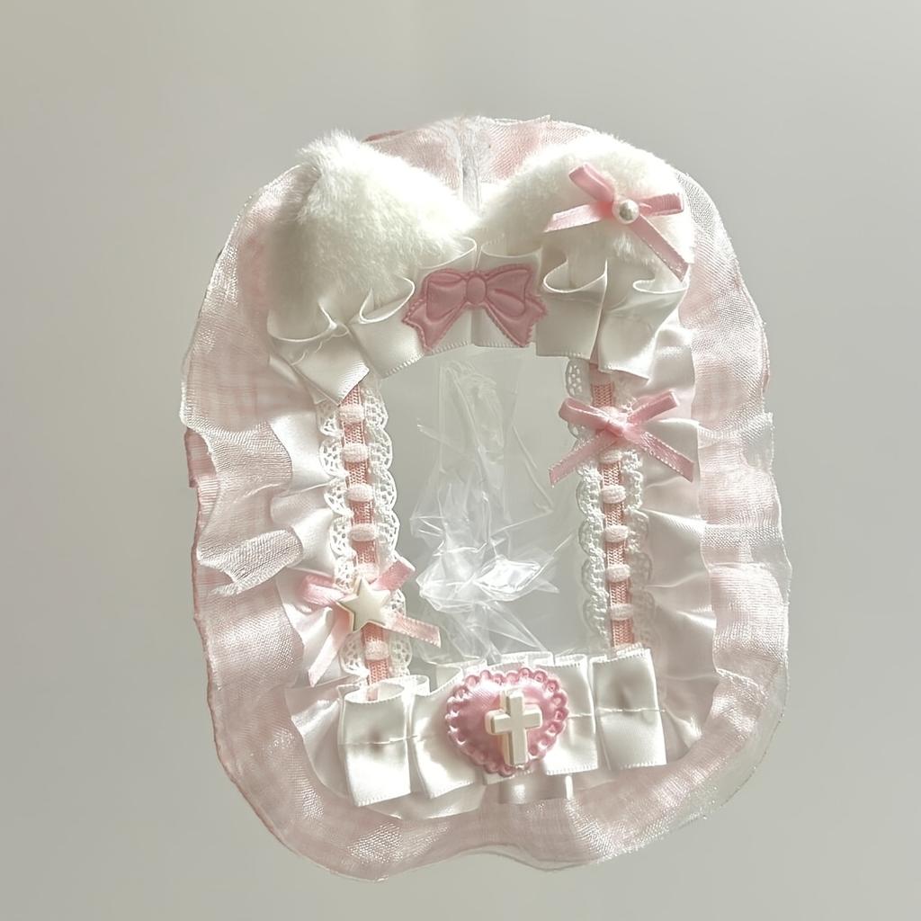 Charming Handmade Plush Rabbit Ears & Pink Lace Photo Card Holder - Canvas, Perfect for Daily Office Use