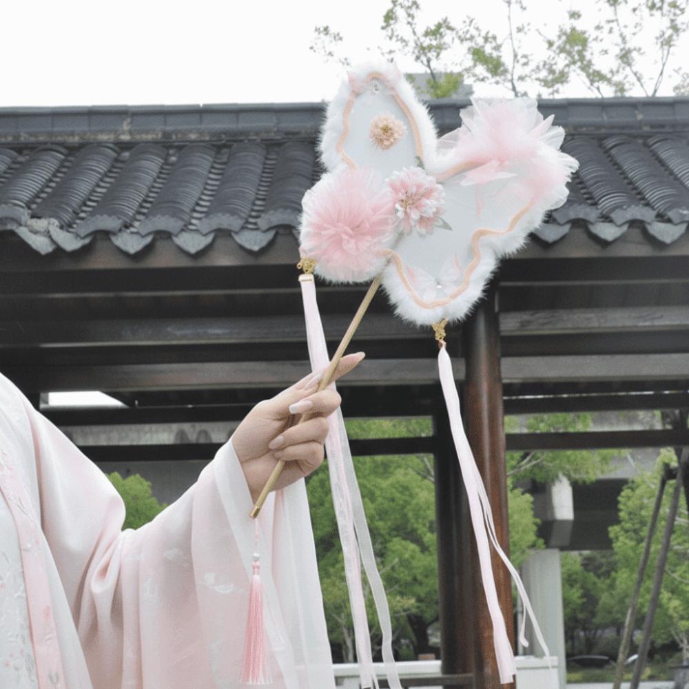 Decorative Fluffy Butterfly Handheld Fan Chinese Style Ancient Embroidered Fan Handmade with Tassel Fairy Fan Dance Performance