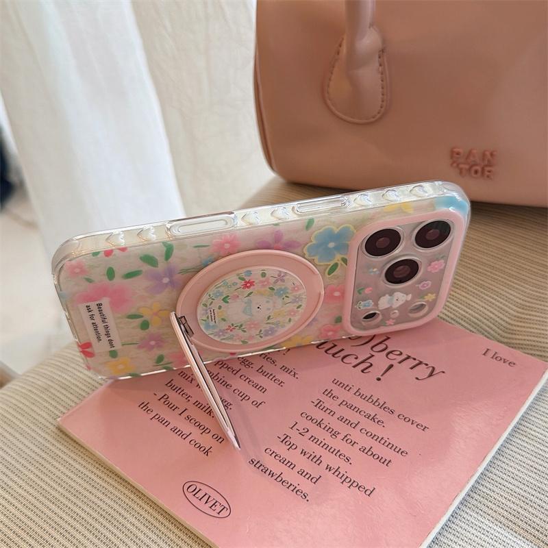 Kawaii Floral Puppy Ring Stand Phone Case For iPhone 15 16 17 Pro Max INS Cute Pink Glitter Clear Shockproof Protective Cover