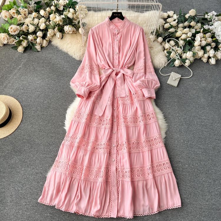 Luxury Party Dress for Women Long Lace Hollow Out Bandage Runway Patchwork Solid Lantern Sleeve Single Breasted Stand Dress