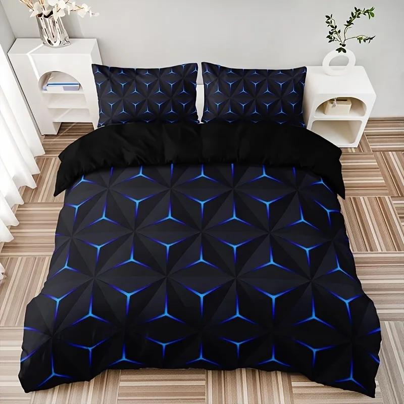3Pcs Breathable Geometric Pattern Duvet Cover Set, All Season Machine Washable Bedding with Pillowcases Home Decor