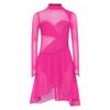 Girls Figure Skating Dance Dress Mesh Patchwork Long Sleeve Mock Neck Keyhole Back Shiny Rhinestones Irregular Hem Dress
