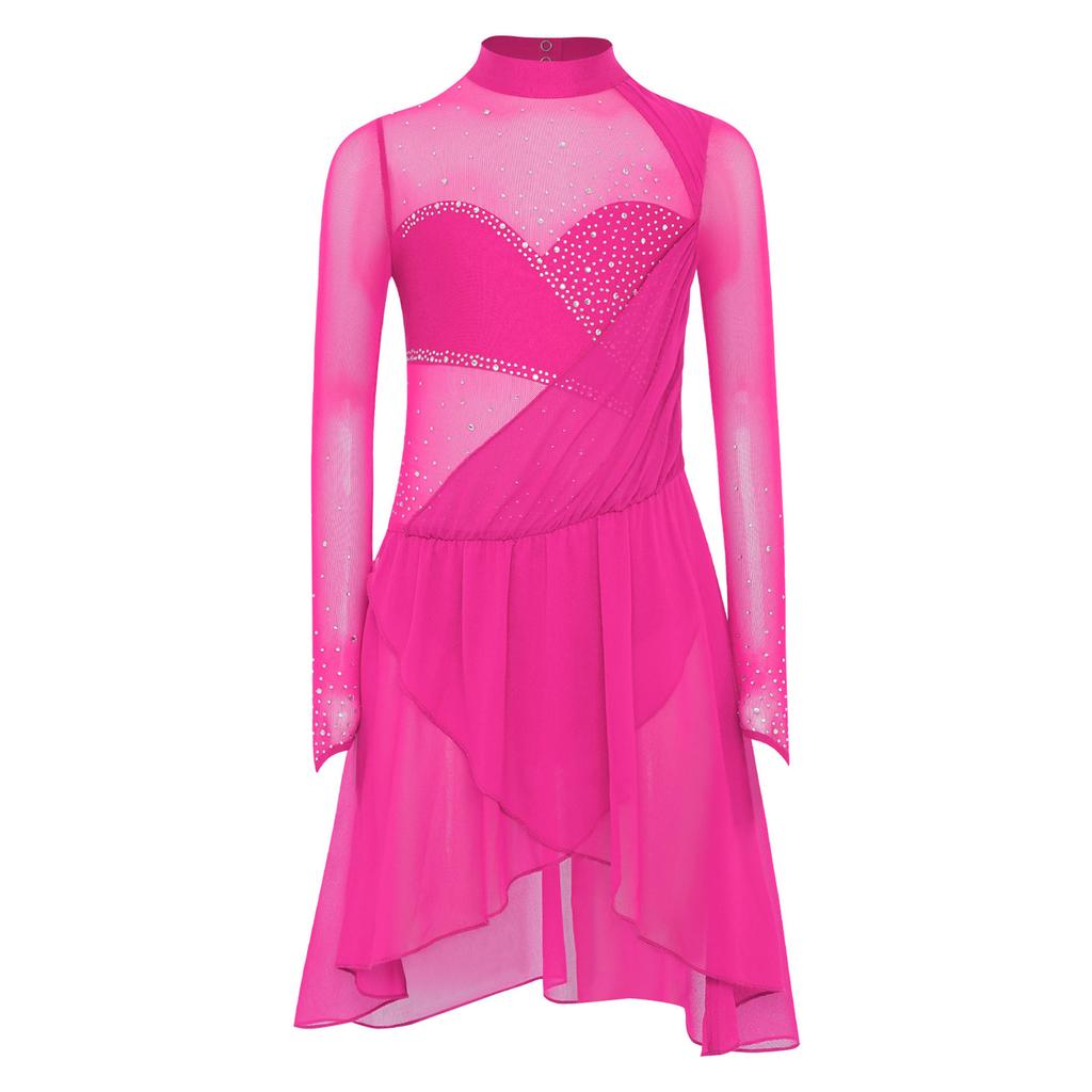 Girls Figure Skating Dance Dress Mesh Patchwork Long Sleeve Mock Neck Keyhole Back Shiny Rhinestones Irregular Hem Dress