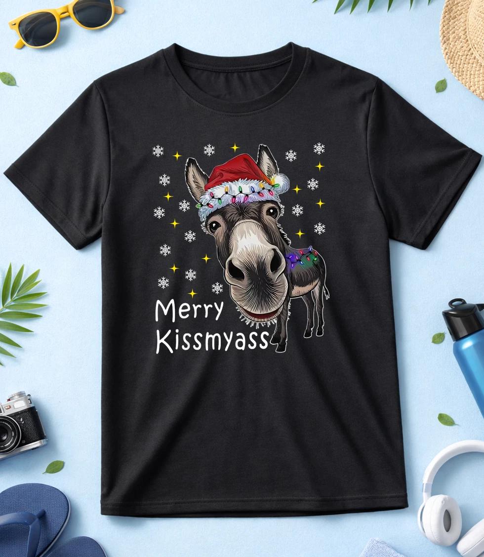 Merry Kissmyass Funny Donkey Men / Women White-Black T Shirt KA89-B S