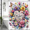 Gratulerer med morsdagen Blomsterhjerte Dusjforheng, Dekorativt dusjforheng til badet, Vanntett dusjforheng med kroker