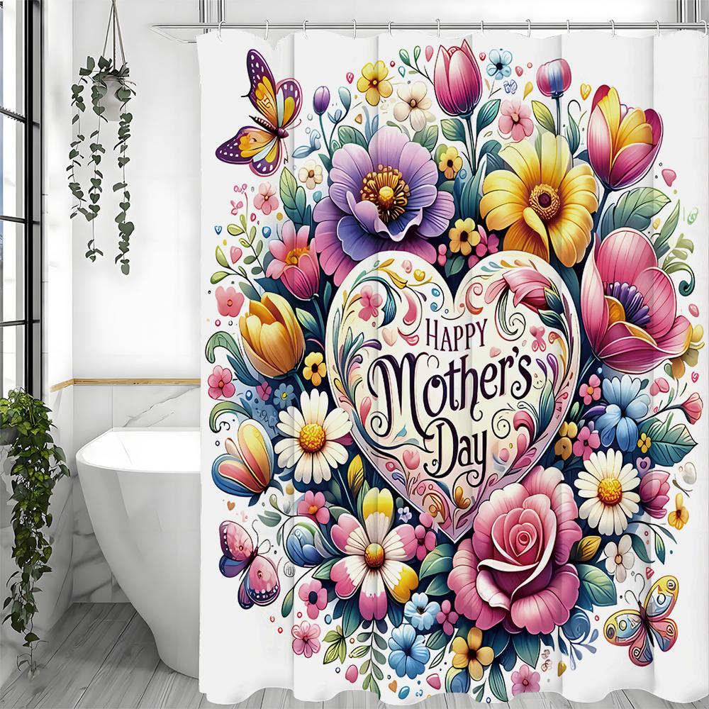 Gratulerer med morsdagen Blomsterhjerte Dusjforheng, Dekorativt dusjforheng til badet, Vanntett dusjforheng med kroker