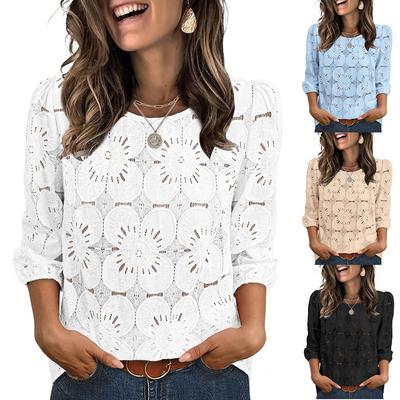 Top de Mujer con Mangas Abullonadas Diseño de Encaje Floral Calado Blusa Casual Multicolor