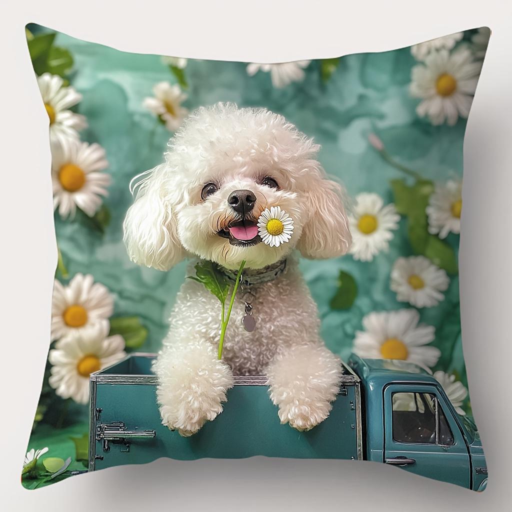 Cute White Dogs with Daisy Patterned Throw Pillows Polyester pillowcase, sofa decorative cushion cov Headboard Pillow