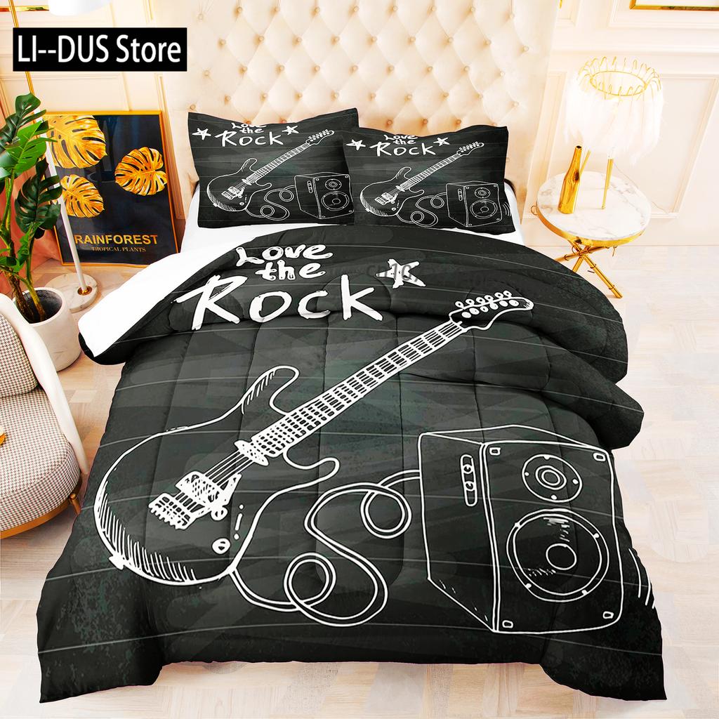Juego de Cama de Guitarra Clásica 3D Guitarra Eléctrica Música Punk Rock Juego de Funda Nórdica Funda de Edredón Tamaño Queen Para Niños Niños Hombre Joven