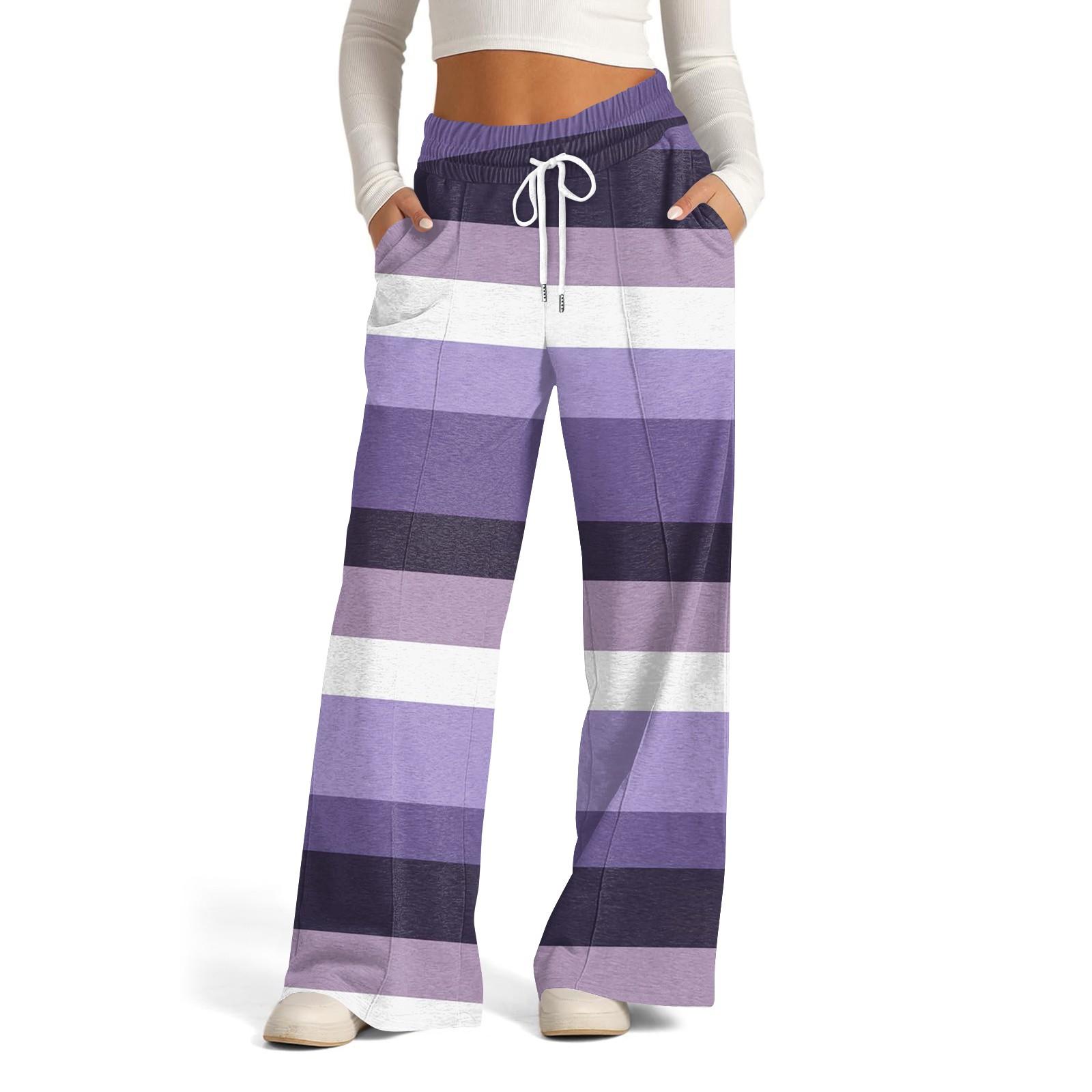Women s Wide Leg Casual Pants High Waist Striped Sports Pants M темно-фиолетового