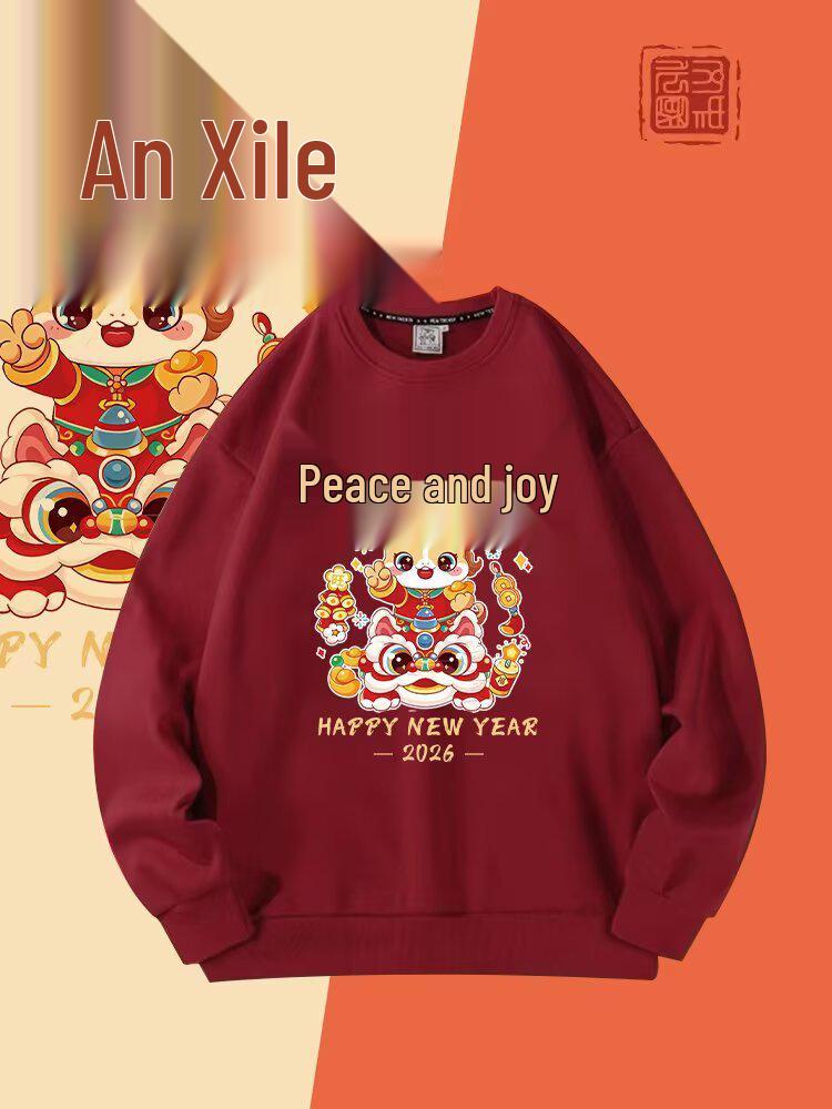 Red Chinese New Year Horse Cartoon Hoodie, Unisex Round Neck, Plus Velvet, Casual Loose Fit