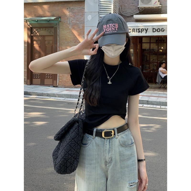 Short Shoulder Short Sleeve T-Shirt Women's Summer Slim Skinny Casual Sexy Spice T-Shirt Student Top Trend