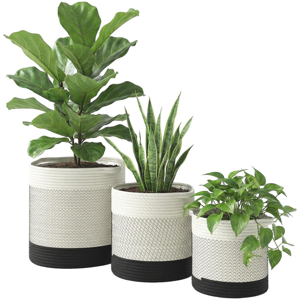 Plant Pots Handwoven Cotton Indoor Planters with Waterproof Liner Set of 3 White