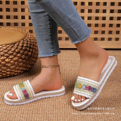 Large Size 2025 Summer Slippers Women's Webbing Wedge Heel New European and American Ethnic Style Thick-bottomed Cool Slippers