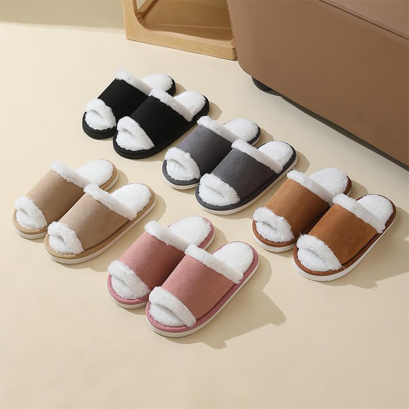 Suede Cotton Slippers for Women, Soft-soled Thickened Indoor Slippers for Autumn and Winter, Couple Open Cotton Slippers for Winter