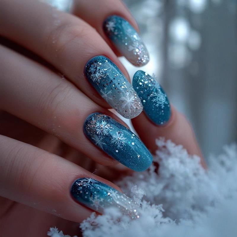 Blue & White Snowflake Glitter Nail Tips - Christmas Fairy Style Wearable Nails