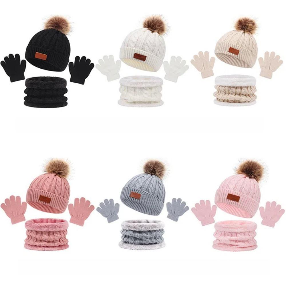 3Pcs Pompom Baby Hat Scarf Gloves Set Solid Color Bonnet Gloves Kits New Knitted Hats Scarfs