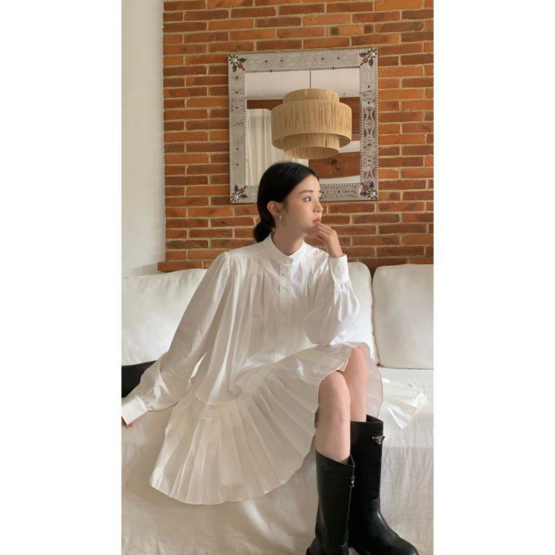 

Plus Size Ladies Loose Inner Wear Pleated Skirt Long Sleeves Shirt White 3XL
