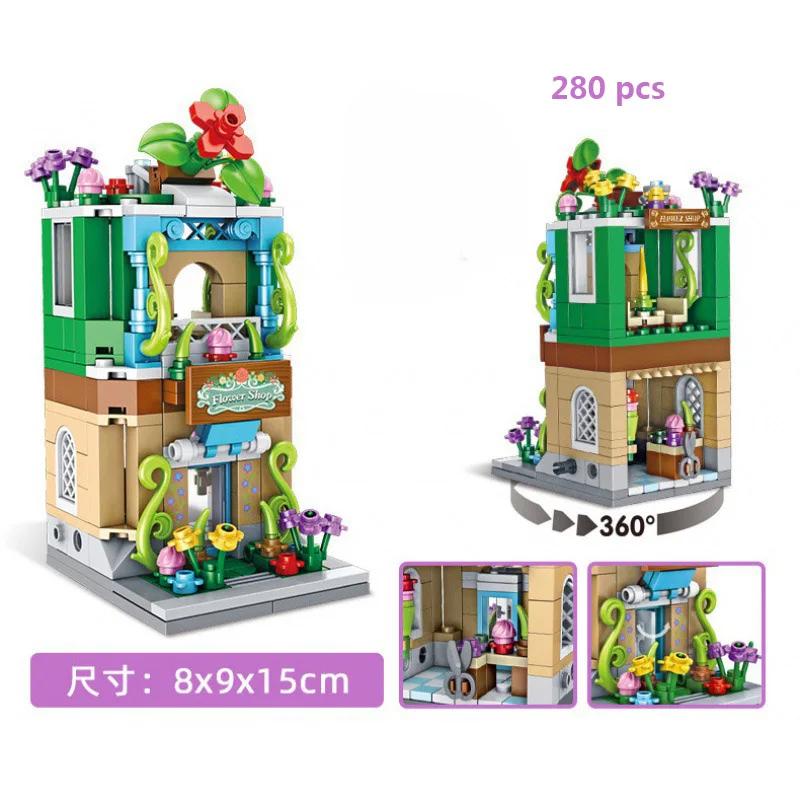 

City Street View Coffee Shop Building Blocks Flower Toy Cake Store Sets Food House Construction Toys Friends