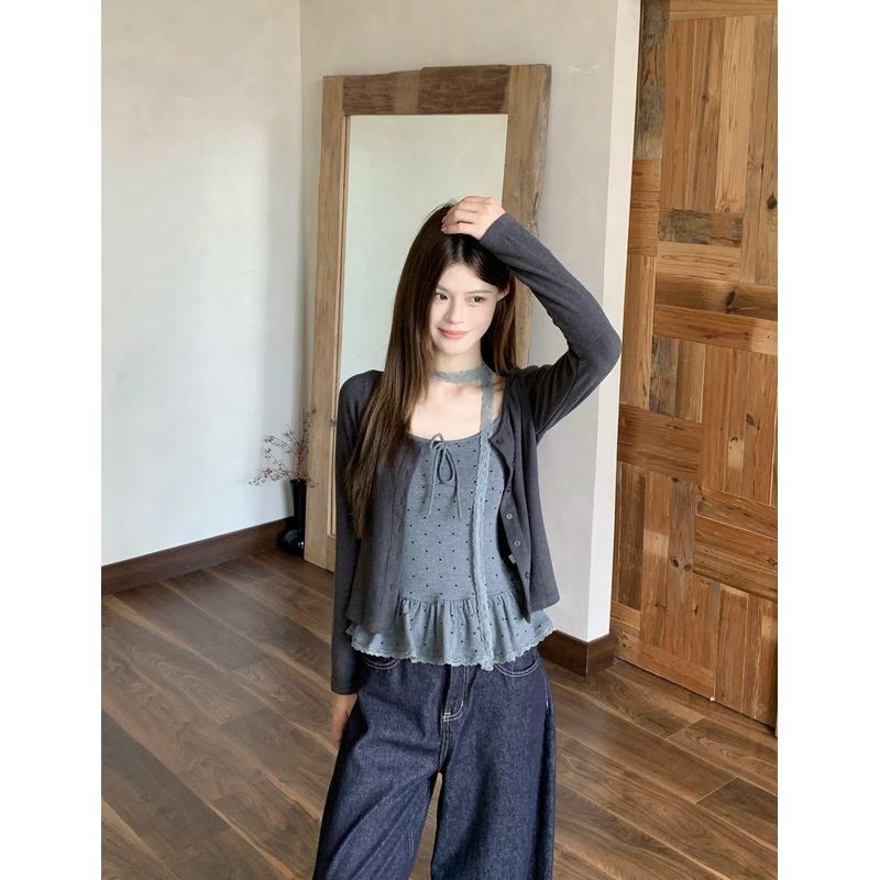 Kumikumi Gentle Pure Color Knitting Cardigan Outwear Female Fall Bows Polka Dot Brace Vest Two-Piece Set