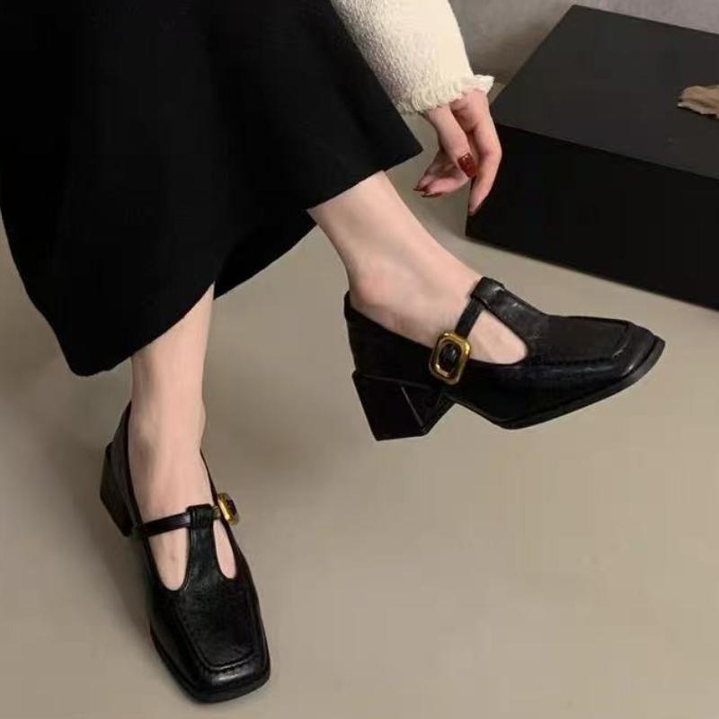 2026 New Strap Leather Shoes Women's French Square Toe Mary Jane Shoes Retro  Mid Heels Oxford Shoes Women's Pumps