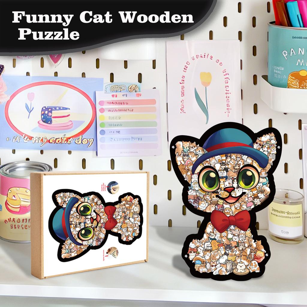 Fun Cat Collection Blue Hat Kitten Puzzle Stacked Wooden Special-Shaped Splicing Toy Framed Puzzle