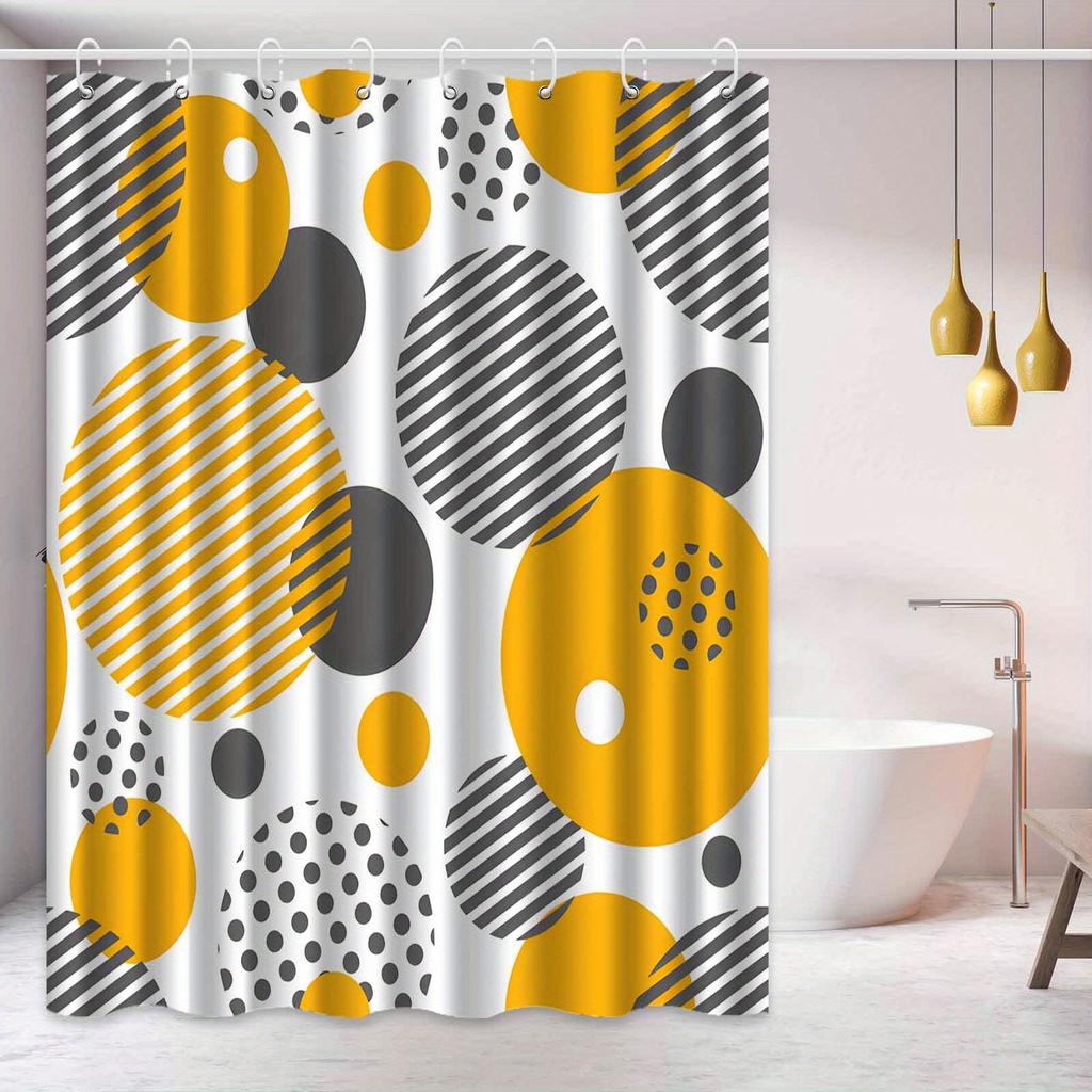 1pc Modern Circular Geometric Pattern Shower Curtain, Polyester Fabric, with Hooks, Suitable for Bathroom Décor.