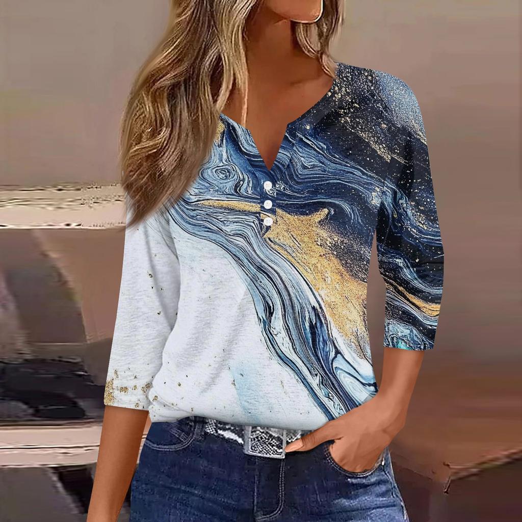 Damen T-Shirt mit Aufdruck, Knopfleiste, 3/4-Ärmel, modisch für den Alltag und das Wochenende, Basic, V-Ausschnitt, normales Oberteil