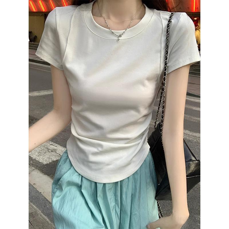 Francuski letni prosty casualowy wszechstronny top dopaminowy plisowany biały słodka dziewczyna leniwe uczucie damski T-shirt z krótkim rękawem