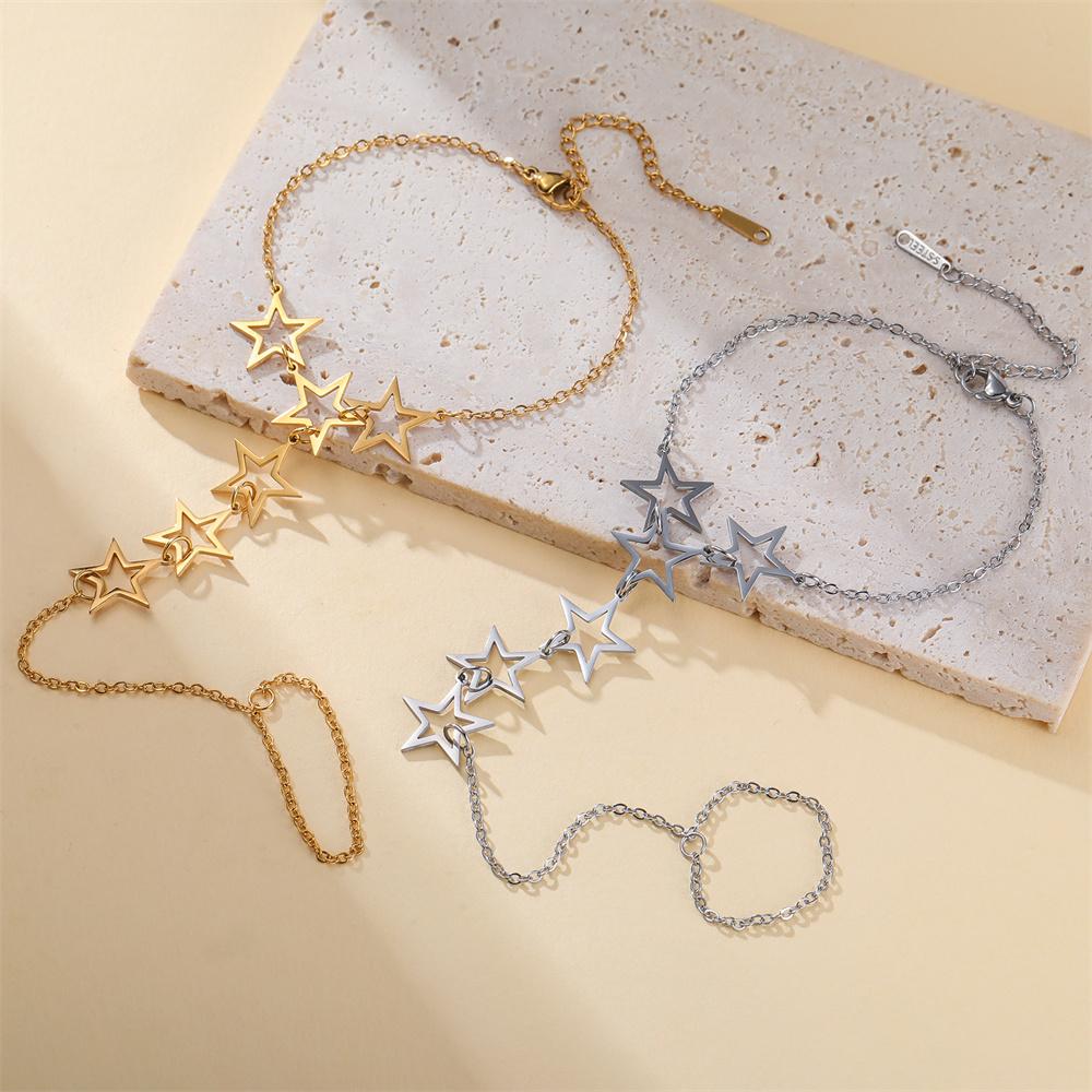 Star Charms Bracelet Ring Hollow Out Solid Stars Bracelet with Finger Chain Stainless Steel Adjustable Chain Jewelry Party Daily