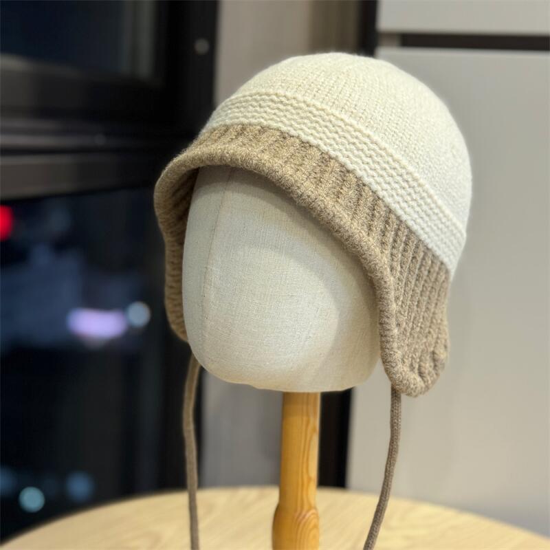 Color matching casual warm knitted hat women's big head circumference shows the face small autumn and winter windproof versatile ear protection hat