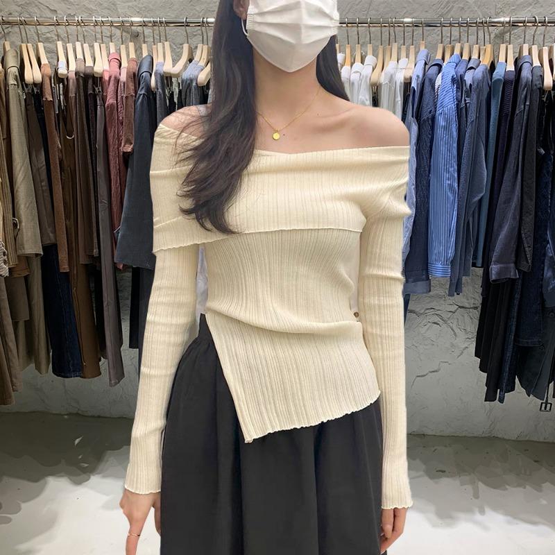 Elegant Off-the-shoulder Pullover Sweater Women Fashion Solid Color Simple Long Sleeve Tops Inner Casual Slim Fit Basic Long Sleeved Bottoming Shirt