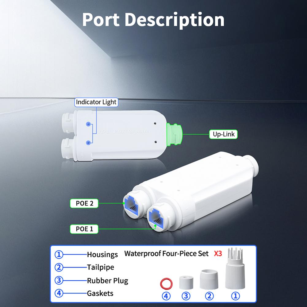 2 Port Waterproof POE Repeater IP66 10/100Mbps 1 to 2 PoE Extender with IEEE802.3af/at 48V Outdoor for POE Switch Camera