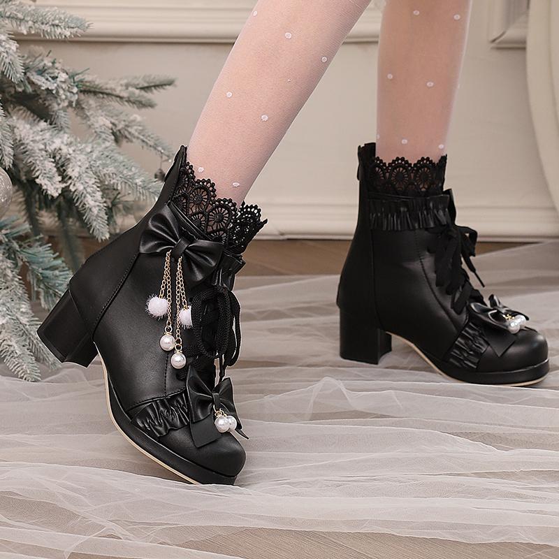 Women Goth Lolita Platform Boots Chunky High Heels Ankle Boots Lace Buckle Gothic Cosplay Booties Zipper Punk Shoes