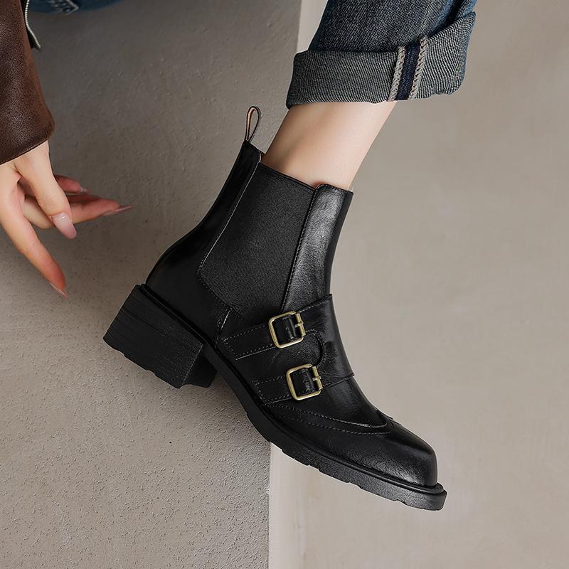 

Мода 2024 Осень Женские Ботинки Круглый Носок Массивный Каблук Обувь для Женщин Лаконичные Ботильоны на Молнии Черные Западные Ботинки Челси Пряжка с Ремнем 34 чёрный