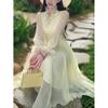 European Autumn New Elegant Commuter Pleated Ruffle Edge Long Sleeve V Neck Long Dress Women