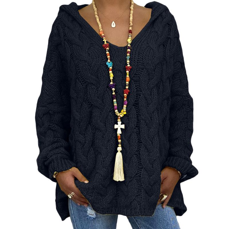 2026 Autumn Winter Pure Color Cable Knit Hoodie - European/American Bestseller