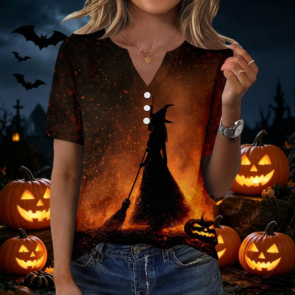 Women's Halloween Printed V-Neck Short Sleeve T-Shirt with Decorative Buttons Casual Top