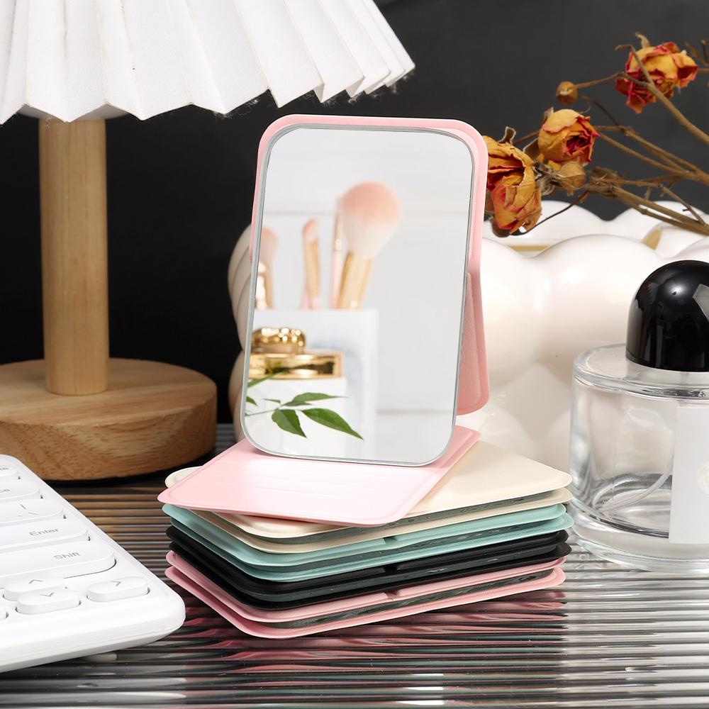 1PC Mini Folding Makeup Mirror Solid Color PU Leather Simple Portable Handheld Desktop Makeup Mirror High Definition Vanity Tool