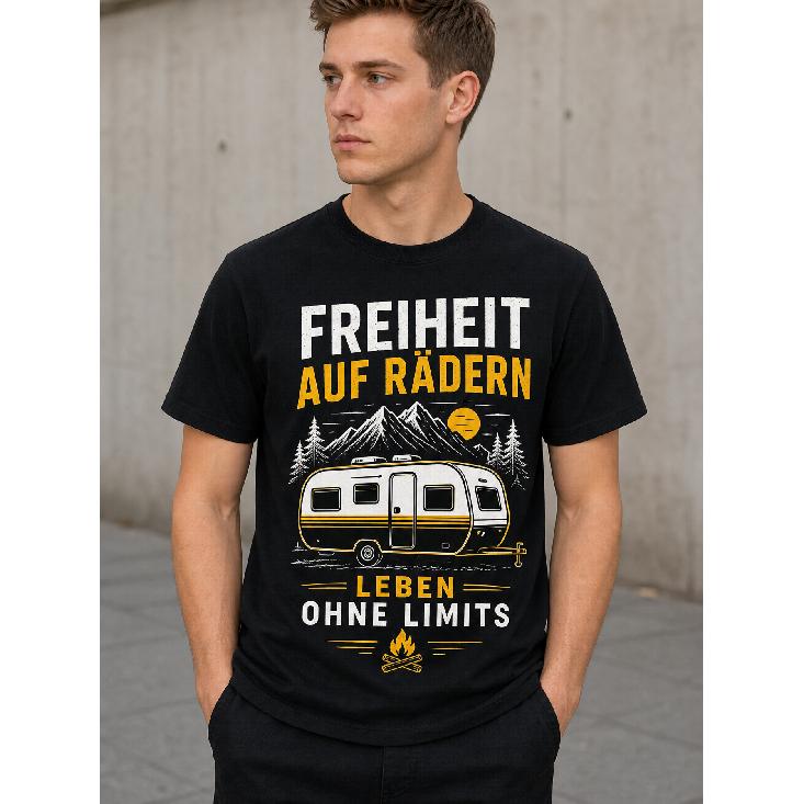men's black short sleeve t-shirt with vintage caravan mountain graphic, crew neck, soft cotton feel, casual outdoor adventure style for camping and