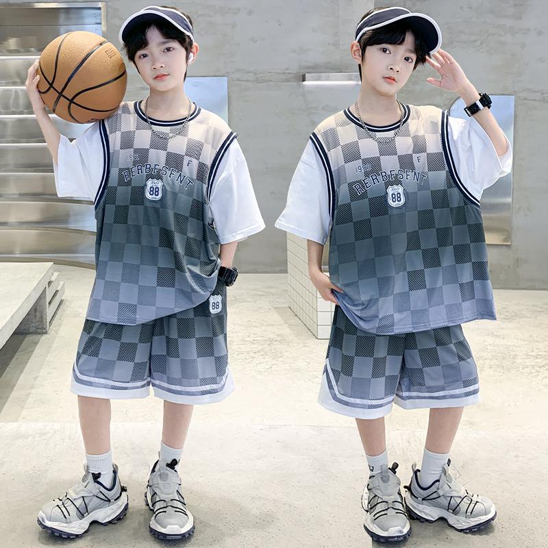 Boys' Basketball Suit Fake Two-piece Set, Summer Thin Ice Silk Quick Drying Sports Two-piece Set, Handsome
