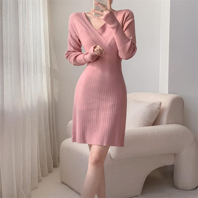 Buy WYWM Loose Solid Elegant A-line Sweater Dress Women Casual V Neck Soft  Knitted Dresses Female Winter Autumn Simple Long Sleeve Pullover Dress at  affordable prices  free shipping, real reviews with