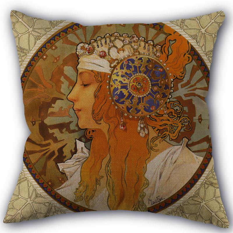 Custom Alphonse Mucha Art Pillowcase Cotton Linen Fabric Square Zipper Pillowcase 45X45 Wedding Decorative Pillow Cover