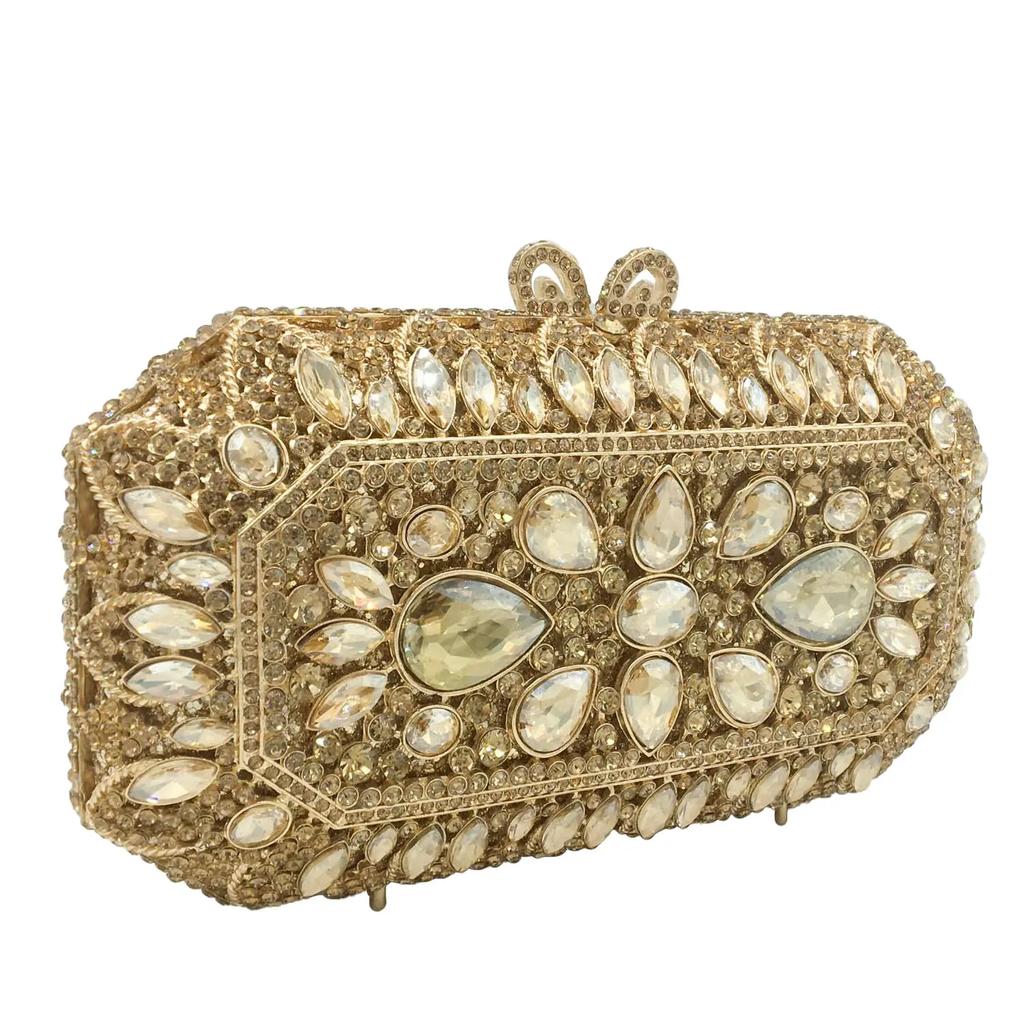 Boutique De FGG Elegant Bling Women Gold Crystal Clutch Evening Bags Wedding Party Rhinestone Box Handbags Minaudiere Purse
