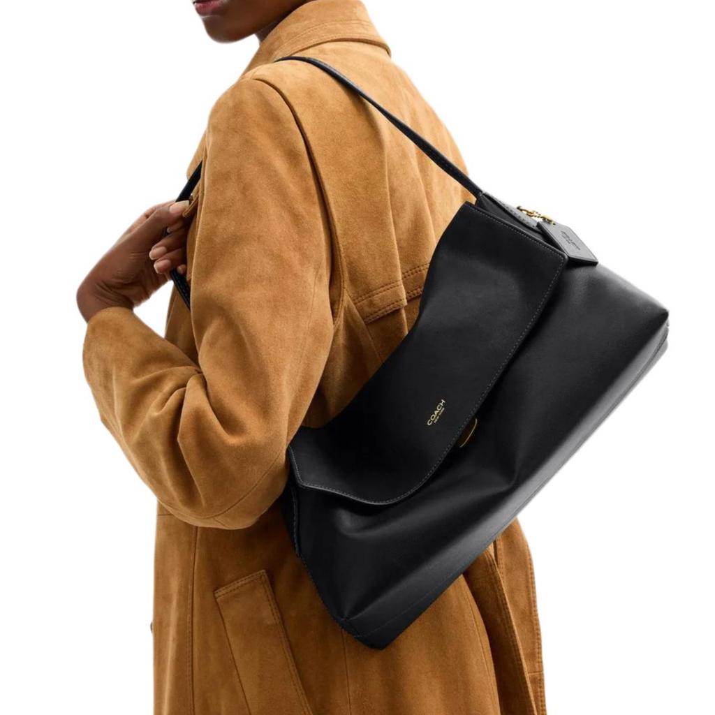 Coach Chelsea 36 Charme Logo Fermeture à Poussoir Avec Poche Zippée Sac à Bandoulière en Cuir Grain Naturel Grand Sac à Bandoulière Femme Noir CDS62-B4BK