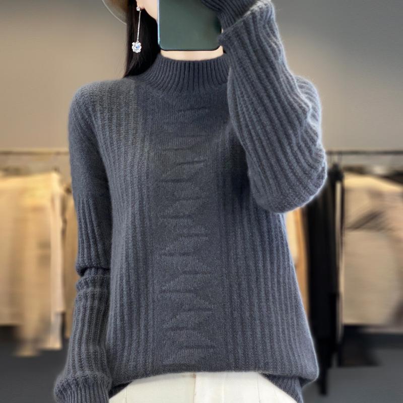 IHUASU Autumn and Winter Wool Sweater Women's Semi-high Neck Jumper Loose Large Size Versatile Knitted Bottoming Shirt Thin Cashmere Sweater