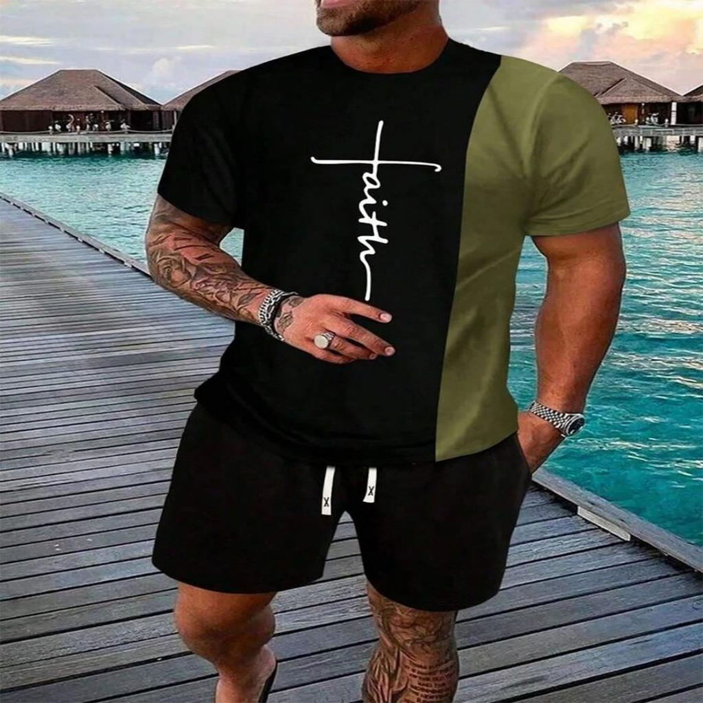 Urban Street Fashion Trend Men's Round Neck Short Sleeved Set, Outdoor Simple Round Neck Top, Casual and Comfortable Shorts