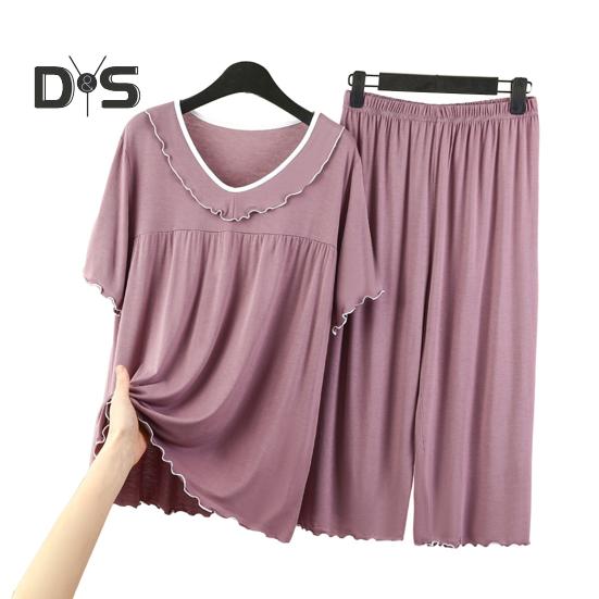 Women's Two Piece Pajamas Set Crew Neck Short Sleeve Shirts Matching Wide Leg Pants Sleepwear Set Summer Casual Loungewear